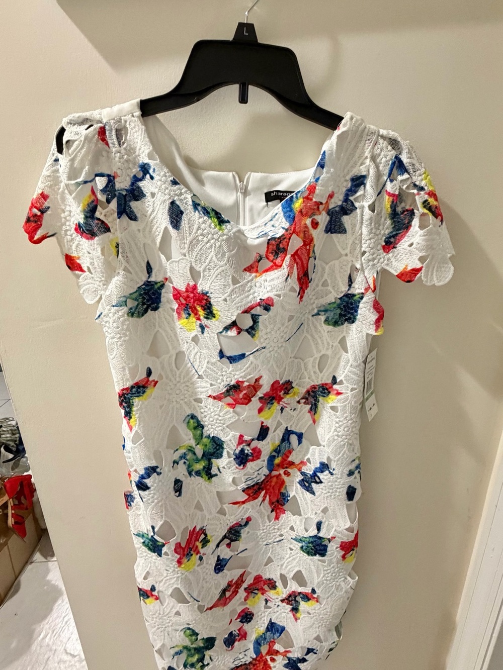 Sharagano White Lace Mini Dress with Multi-Color Floral Print